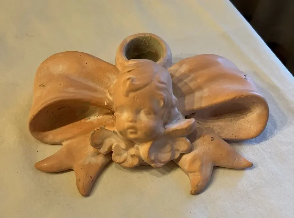 Vintage Pink Cherub Angel Bow Candle Holder Made in Taiwan Coquette Cottagecore